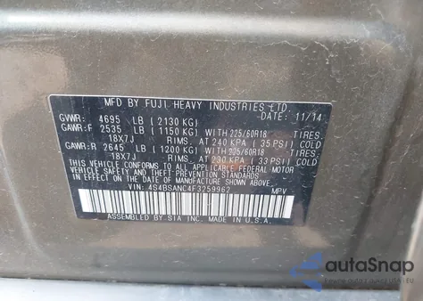 2015 Subaru Outback 2.5I Limited from USA, damaged, VIN 4S4BSANC4F3259962